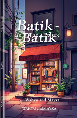 Aesthetic book cover for a title "Batik-in The Future", featuring a charming batik store located at the corner of an urban alley, surrounded by beautiful scenery