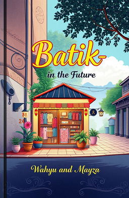 Aesthetic book cover for a title "Batik-in The Future", featuring a charming batik store located at the corner of an urban alley, surrounded by beautiful scenery