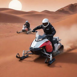 A cartoon-style image showing the thrilling adventure of driving a snowmobile on the red dunes of Mars.