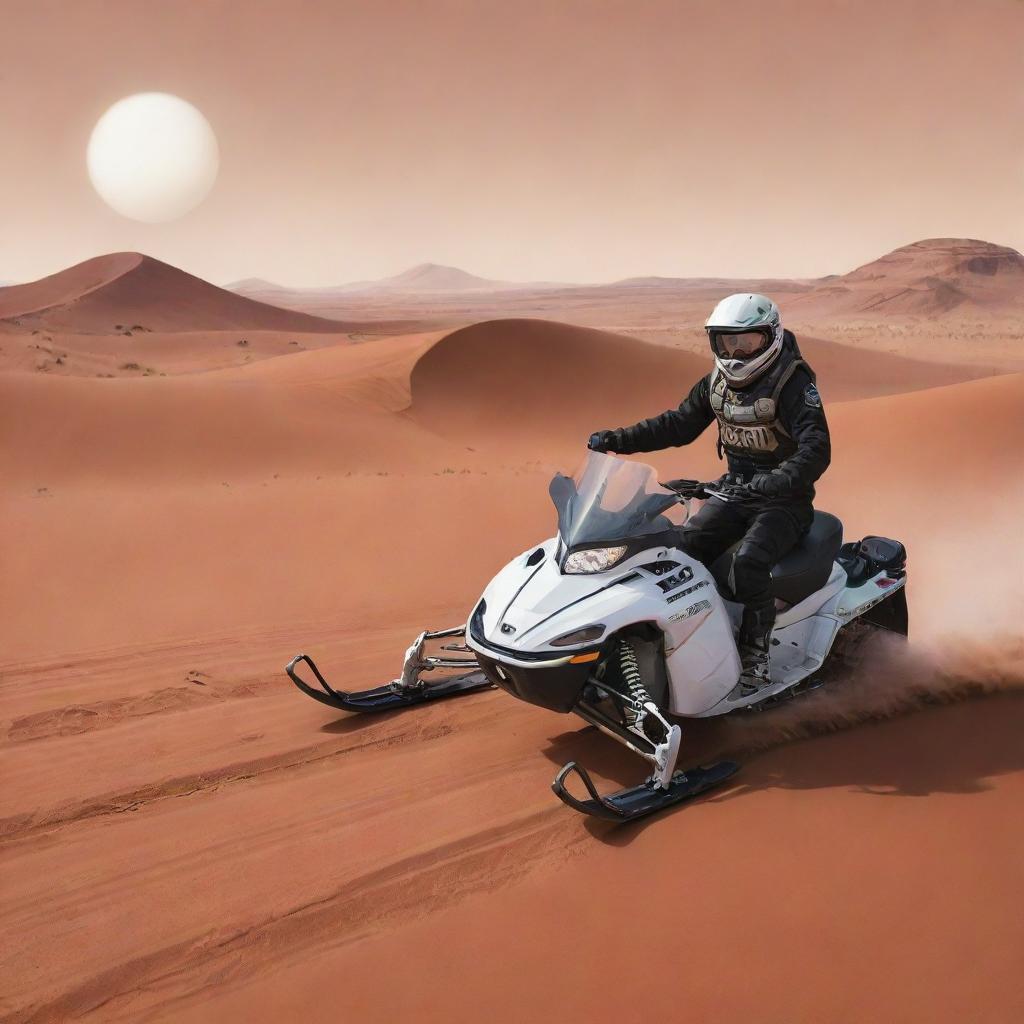 A cartoon-style image showing the thrilling adventure of driving a snowmobile on the red dunes of Mars.