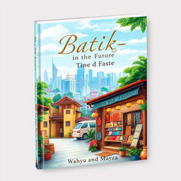 Aesthetic book cover for the title "Batik-in The Future", featuring a picturesque batik store situated at the corner of a vibrant city alley, with stunning cityscape views in the background