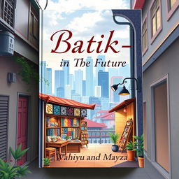 Aesthetic book cover for the title "Batik-in The Future", featuring a picturesque batik store situated at the corner of a vibrant city alley, with stunning cityscape views in the background