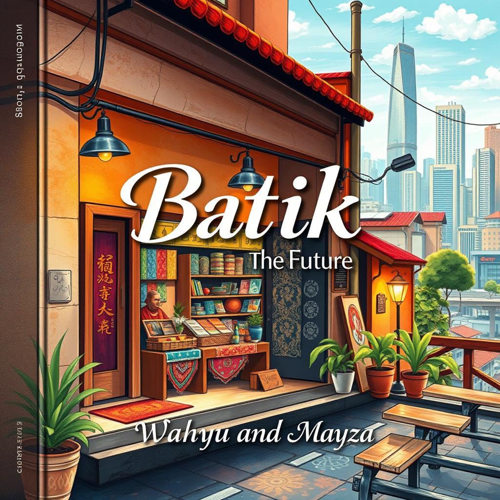 Aesthetic book cover for the title "Batik-in The Future", featuring a picturesque batik store situated at the corner of a vibrant city alley, with stunning cityscape views in the background