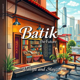 Aesthetic book cover for the title "Batik-in The Future", featuring a picturesque batik store situated at the corner of a vibrant city alley, with stunning cityscape views in the background