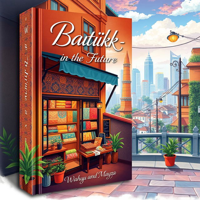 Aesthetic book cover for the title "Batik-in The Future", featuring a picturesque batik store situated at the corner of a vibrant city alley, with stunning cityscape views in the background