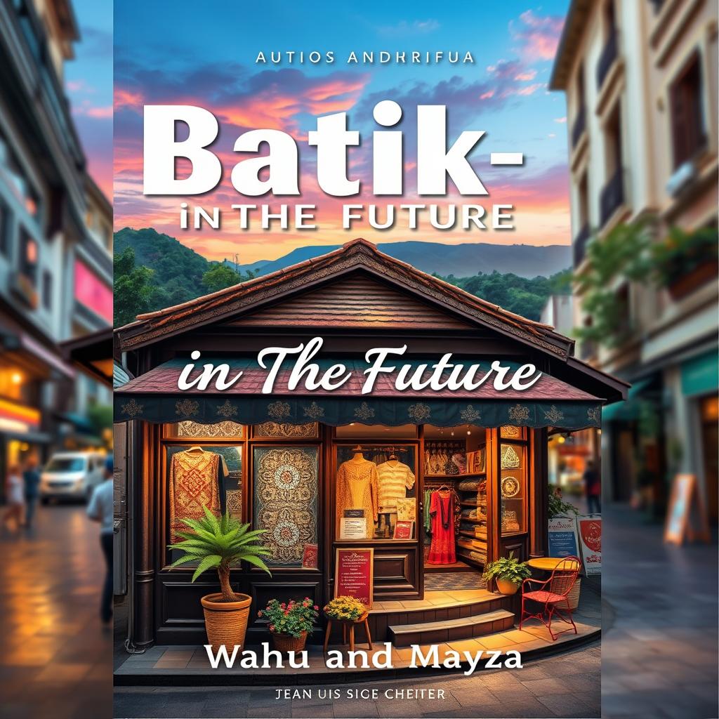 Aesthetic book cover for the title "Batik-in The Future", showcasing a picturesque batik store at the corner of a city alley