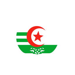 A logo design that symbolizes Algeria, featuring iconic elements such as the star and crescent from the national flag, the colors green and white prominently displayed, and motifs inspired by traditional Algerian patterns