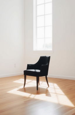 A minimalist composition featuring a single, elegant black chair in an otherwise empty room
