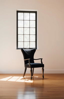A minimalist composition featuring a single, elegant black chair in an otherwise empty room