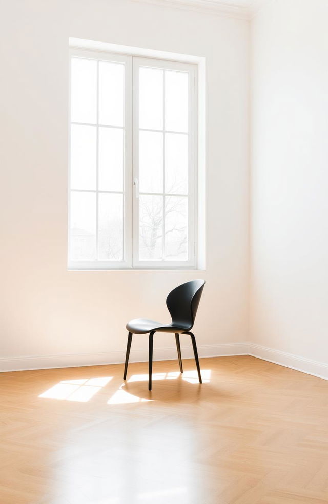 A minimalist composition featuring a single, elegant black chair in an otherwise empty room