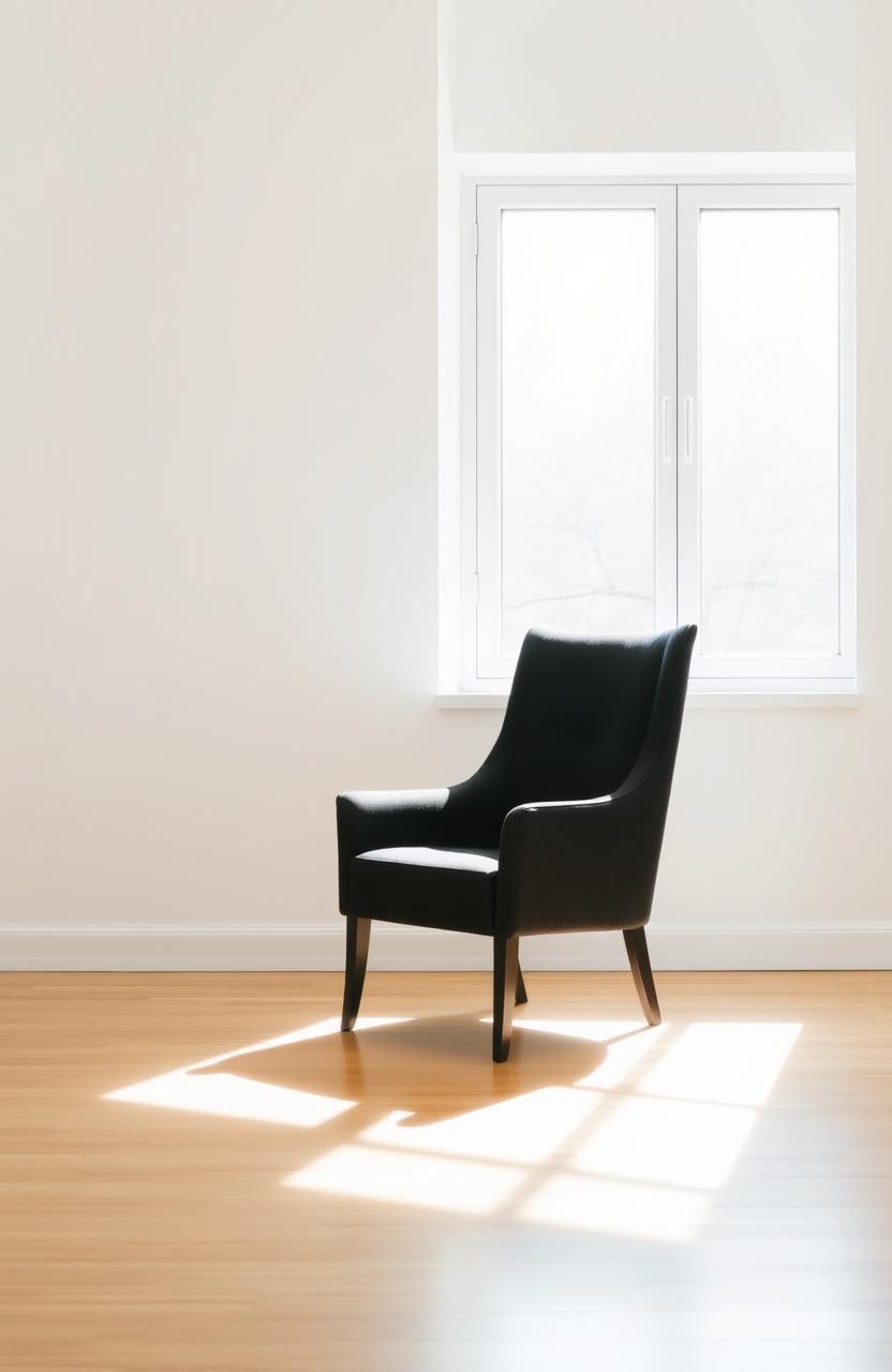 A minimalist composition featuring a single, elegant black chair in an otherwise empty room