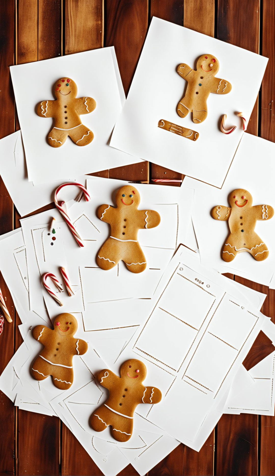 A variety of gingerbread man stencils and templates spread out on a wooden table, ranging from classic shapes to playful poses and intricate designs.