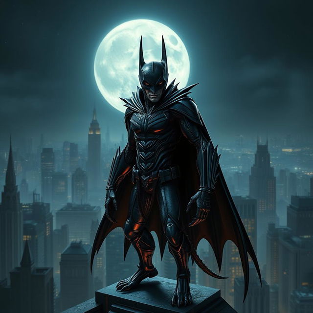 An alien creature designed in the likeness of Batman, featuring dark and sleek armor, with a flowing cape and a distinctive bat emblem on the chest