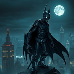 An alien creature designed in the likeness of Batman, featuring dark and sleek armor, with a flowing cape and a distinctive bat emblem on the chest