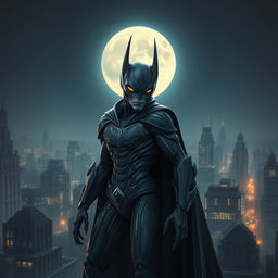An alien creature designed in the likeness of Batman, featuring dark and sleek armor, with a flowing cape and a distinctive bat emblem on the chest