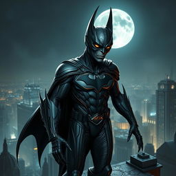 An alien creature designed in the likeness of Batman, featuring dark and sleek armor, with a flowing cape and a distinctive bat emblem on the chest