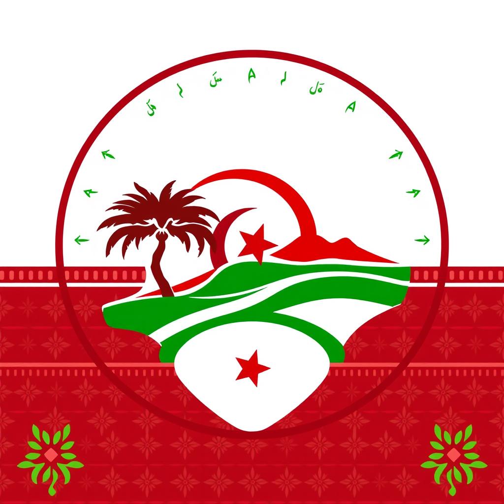 A logo design that reflects the cultural essence of Algeria using only red, green, and white colors, while strictly avoiding any elements of the national flag