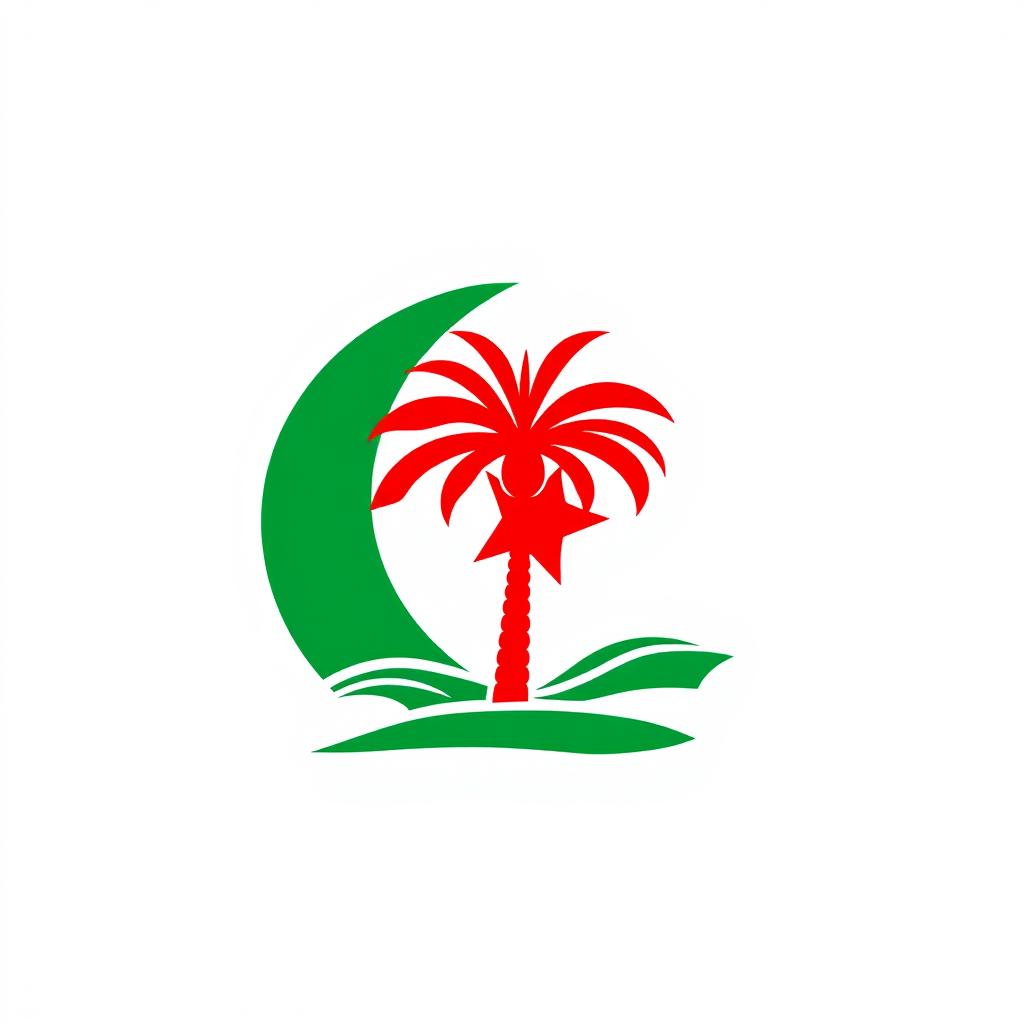 A minimalist icon that captures the essence of Algeria using only red, green, and white colors, while explicitly avoiding any representation of the national flag