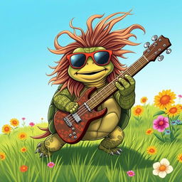 A whimsical illustration of a turtle with features inspired by rock musician Ted Nugent