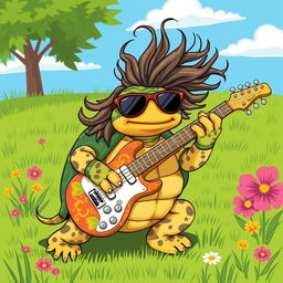 A whimsical illustration of a turtle with features inspired by rock musician Ted Nugent