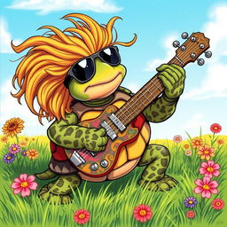 A whimsical illustration of a turtle with features inspired by rock musician Ted Nugent