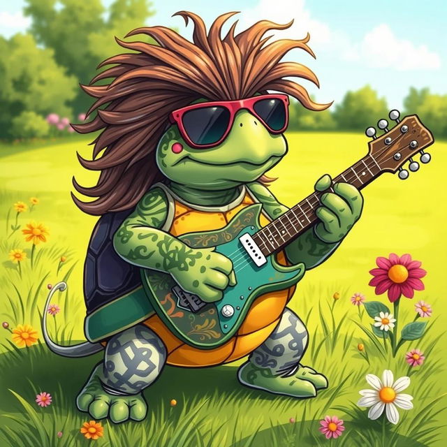 A whimsical illustration of a turtle with features inspired by rock musician Ted Nugent