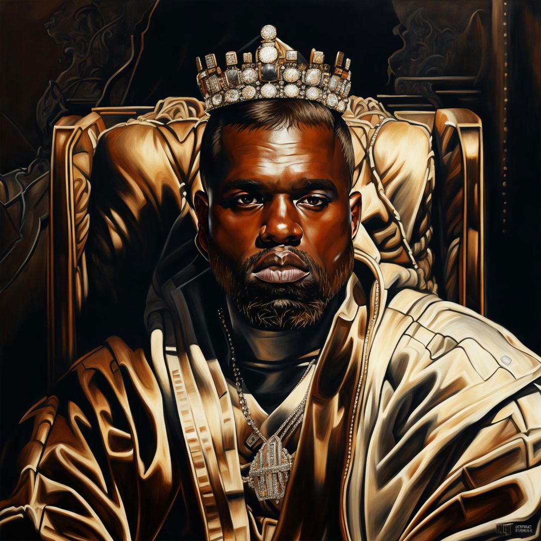 Hyper-realistic drawing of Kanye West as a modern-day king with high-definition details: face with every line and pore visible, modern diamond-embedded crown, high-fashion royal robe over designer suit, microphone scepter, background blending urban cityscape and grand throne room.