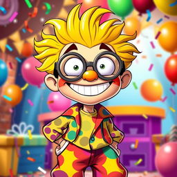 A colorful and whimsical cartoon character named Freddy Freaker, with a playful expression and exaggerated features