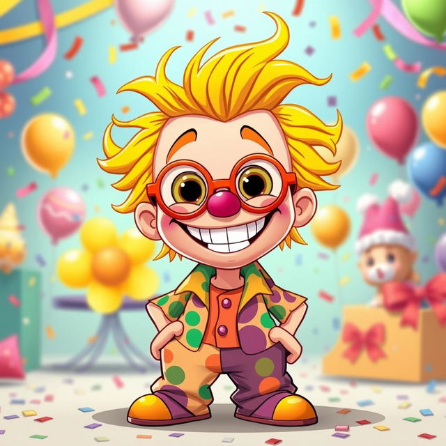 A colorful and whimsical cartoon character named Freddy Freaker, with a playful expression and exaggerated features