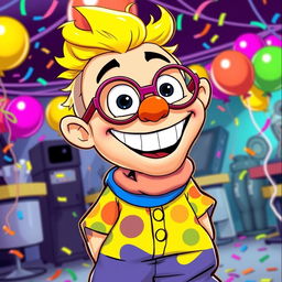 A colorful and whimsical cartoon character named Freddy Freaker, with a playful expression and exaggerated features