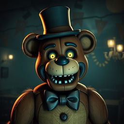 Freddy Fazbear, the iconic animatronic bear character from the horror game series, depicted in a dimly lit, eerie pizzeria setting