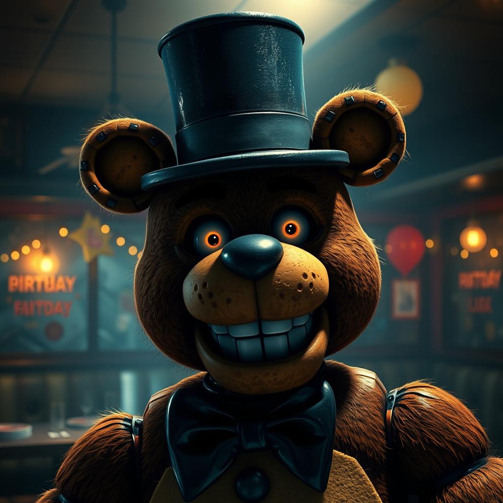 Freddy Fazbear, the iconic animatronic bear character from the horror game series, depicted in a dimly lit, eerie pizzeria setting