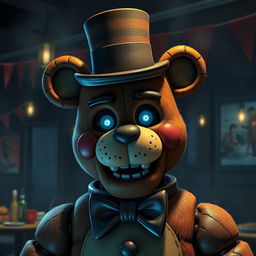 Freddy Fazbear, the iconic animatronic bear character from the horror game series, depicted in a dimly lit, eerie pizzeria setting