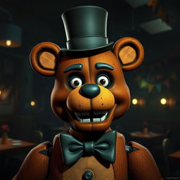 Freddy Fazbear, the iconic animatronic bear character from the horror game series, depicted in a dimly lit, eerie pizzeria setting