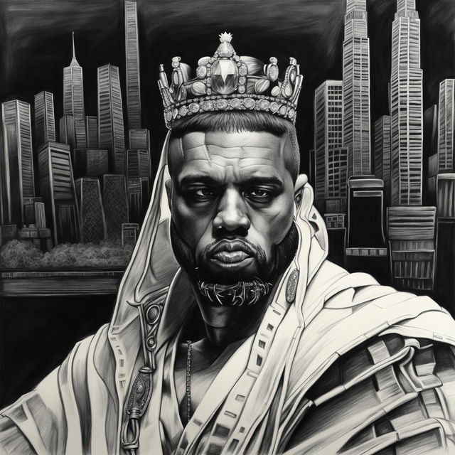 Graphite pencil drawing of Kanye West as a modern-day king in black and white: detailed face, modern crown with implied diamond texture, high-fashion royal robe over designer suit, microphone scepter, background blending urban cityscape and grand throne room.