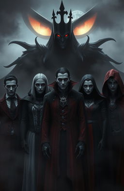 A gothic and vampire-themed artwork featuring seven vampires standing together, their faces intentionally blurry to create an air of mystery and intrigue