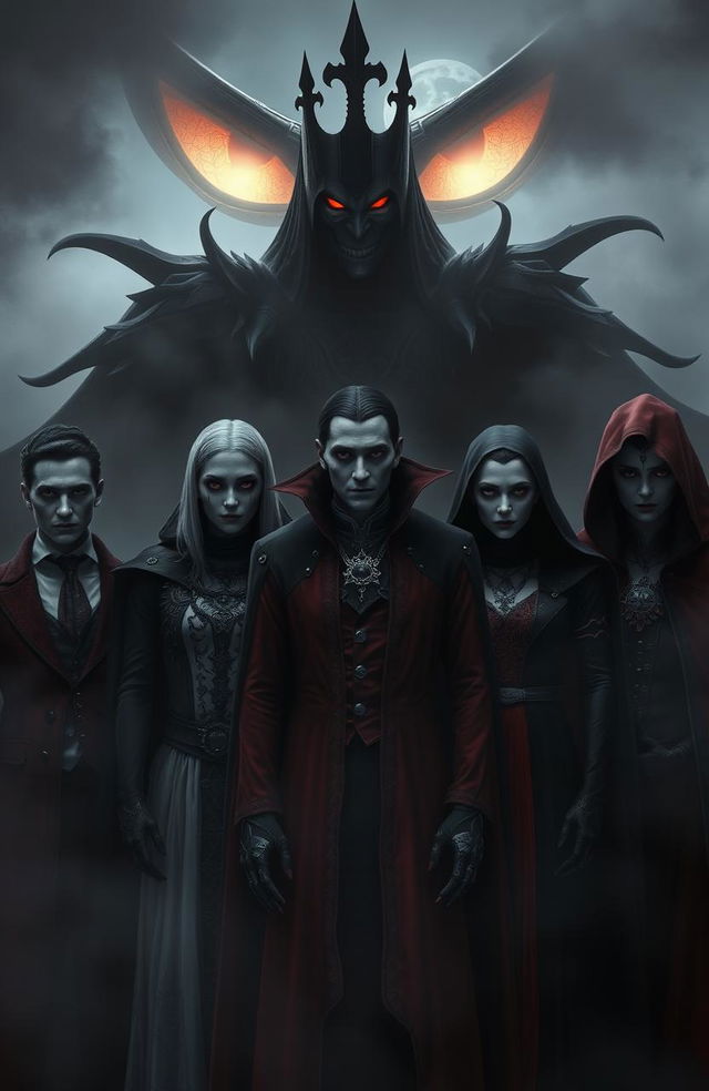 A gothic and vampire-themed artwork featuring seven vampires standing together, their faces intentionally blurry to create an air of mystery and intrigue