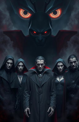 A gothic and vampire-themed artwork featuring seven vampires standing together, their faces intentionally blurry to create an air of mystery and intrigue