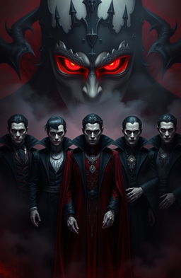 A gothic and vampire-themed artwork featuring seven vampires standing together, their faces intentionally blurry to create an air of mystery and intrigue