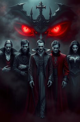 A gothic and vampire-themed artwork featuring seven vampires standing together, their faces intentionally blurry to create an air of mystery and intrigue
