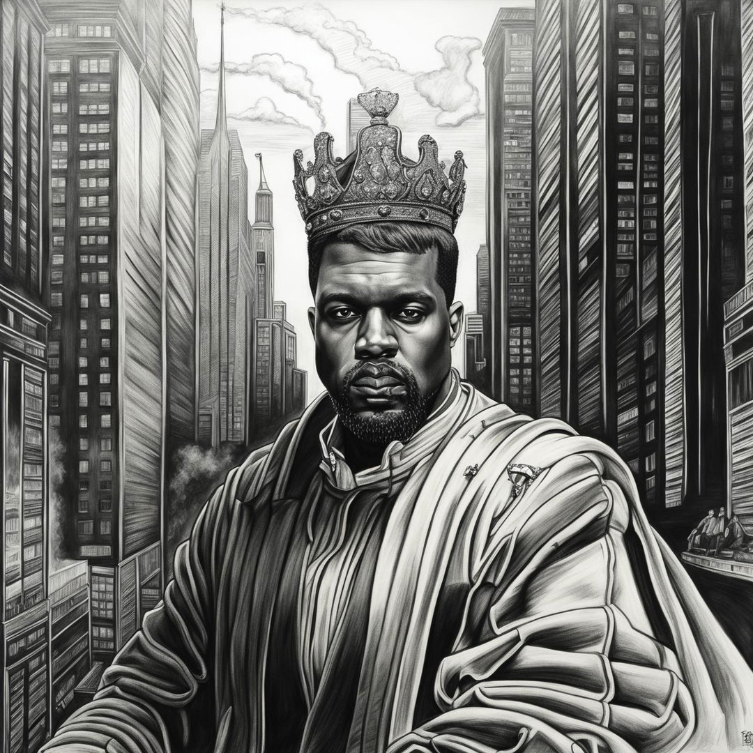 Graphite pencil drawing of Kanye West as a modern-day king in black and white: distinctive facial features, modern crown with implied diamond texture, high-fashion royal robe over designer suit, microphone scepter, background blending urban cityscape and grand throne room.