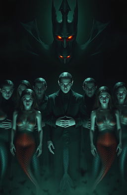 A dark and mysterious scene featuring seven vampires standing together, their faces blurred to create an eerie and unsettling effect