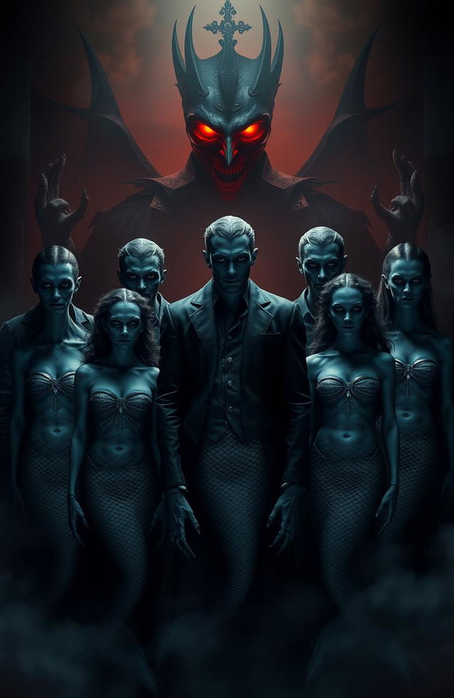 A dark and mysterious scene featuring seven vampires standing together, their faces blurred to create an eerie and unsettling effect