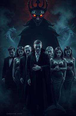 A dark and mysterious scene featuring seven vampires standing together, their faces blurred to create an eerie and unsettling effect