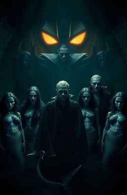 A dark and mysterious scene featuring seven vampires standing together, their faces blurred to create an eerie and unsettling effect