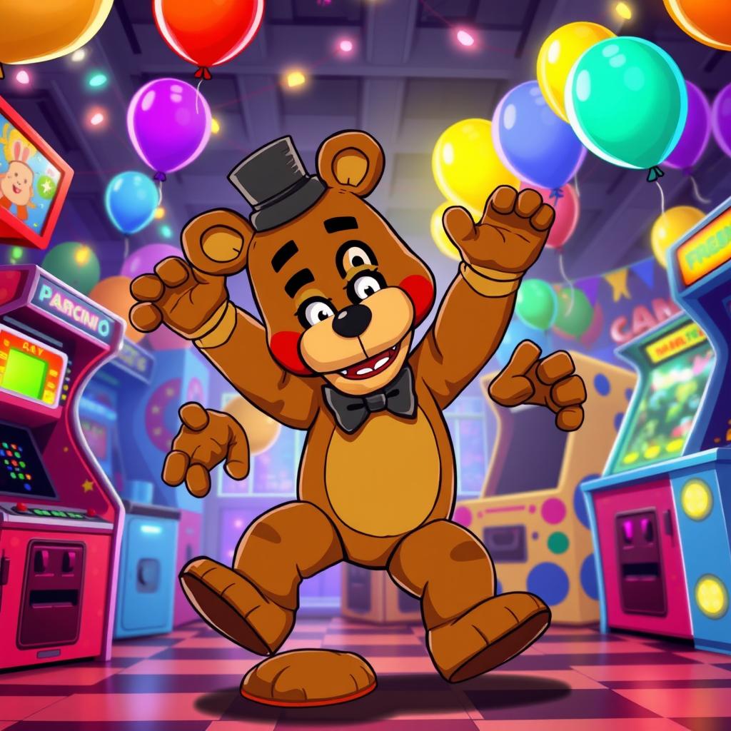 A lively scene featuring Freddy Fazbear, the beloved animatronic bear character from the Five Nights at Freddy's franchise, enthusiastically performing the Griddy dance