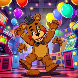 A lively scene featuring Freddy Fazbear, the beloved animatronic bear character from the Five Nights at Freddy's franchise, enthusiastically performing the Griddy dance