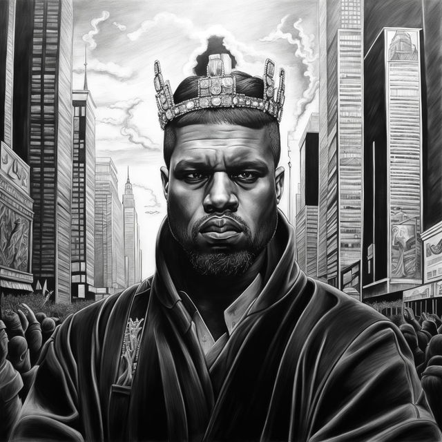 Graphite pencil drawing of a recognizably Kanye West as a modern-day king in black and white: distinctive facial features, modern crown with implied diamond texture, high-fashion royal robe over designer suit, microphone scepter, background blending urban cityscape and grand throne room.