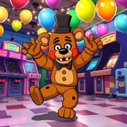 A lively scene featuring Freddy Fazbear, the beloved animatronic bear character from the Five Nights at Freddy's franchise, enthusiastically performing the Griddy dance