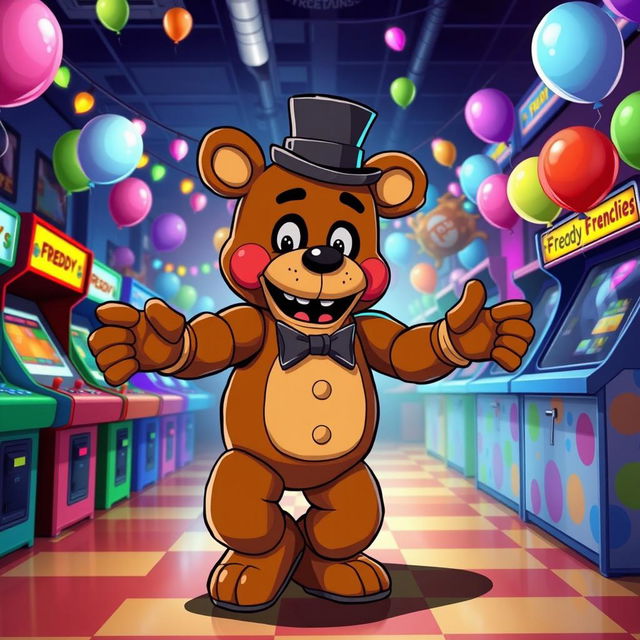 A lively scene featuring Freddy Fazbear, the beloved animatronic bear character from the Five Nights at Freddy's franchise, enthusiastically performing the Griddy dance